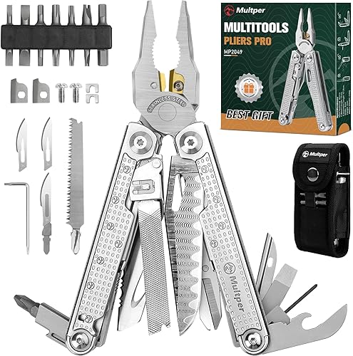 Multitools Pliers Pro, herramienta múltiple mejorada con cuchillo de Damasco, cortadores de alambre reemplazables y juego de destornilladores,