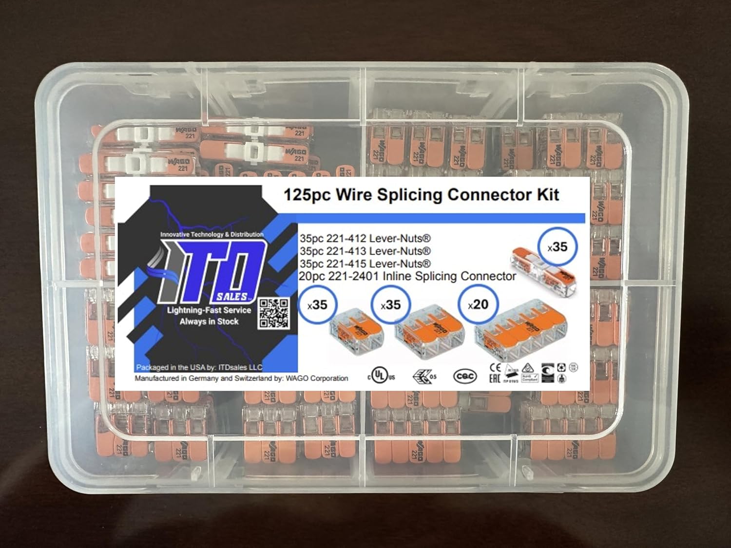 WAGO Lever Nut 125pc Wire Splicing Connector Kit with Case. WAGO Lever Nuts 221-412, 221-413, 221-415, and 221-2401 Included.