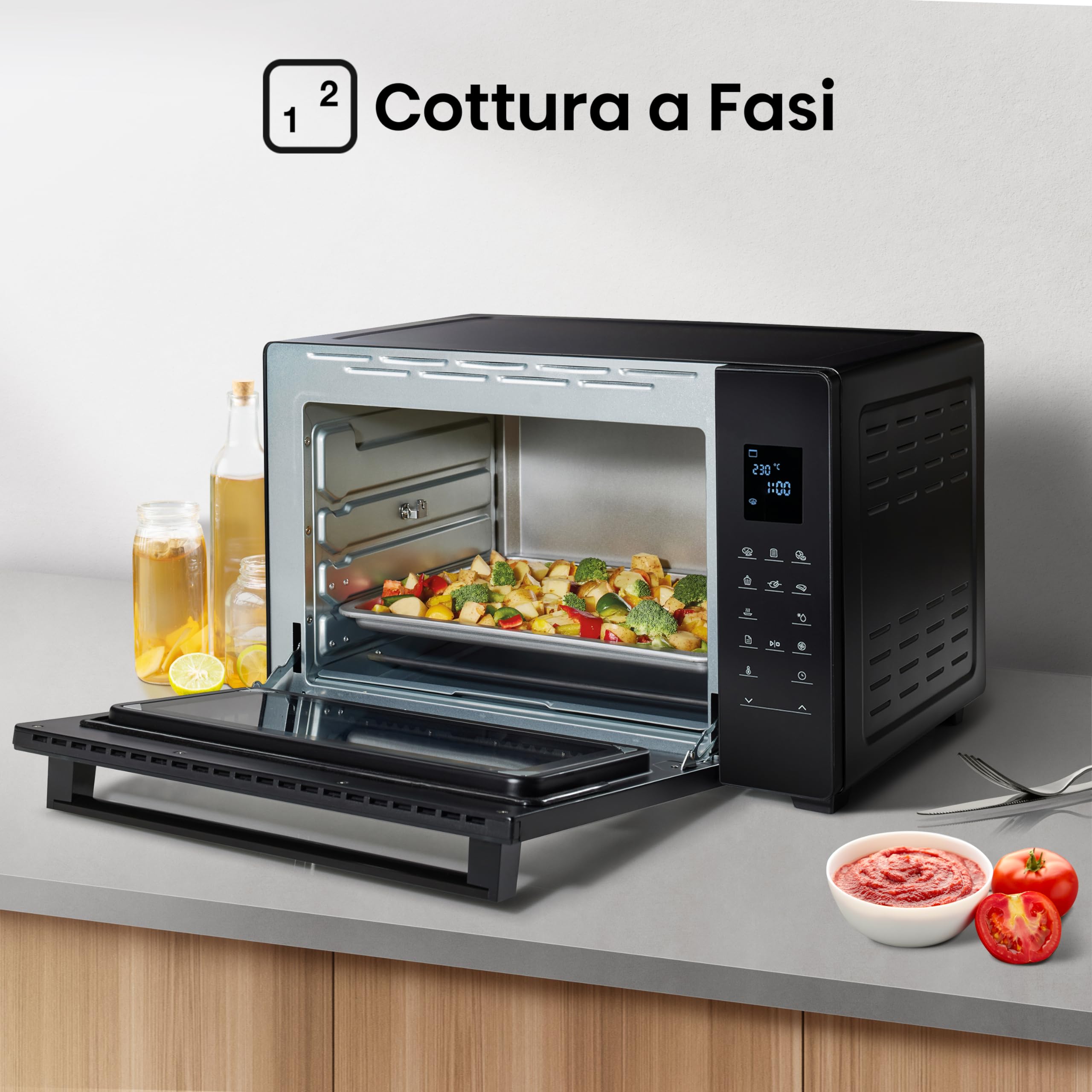Hisense, HOM45D - Fornetto elettrico 45L, tre livelli di cottura a convezione, girarrosto, comandi touch, programmi automatici