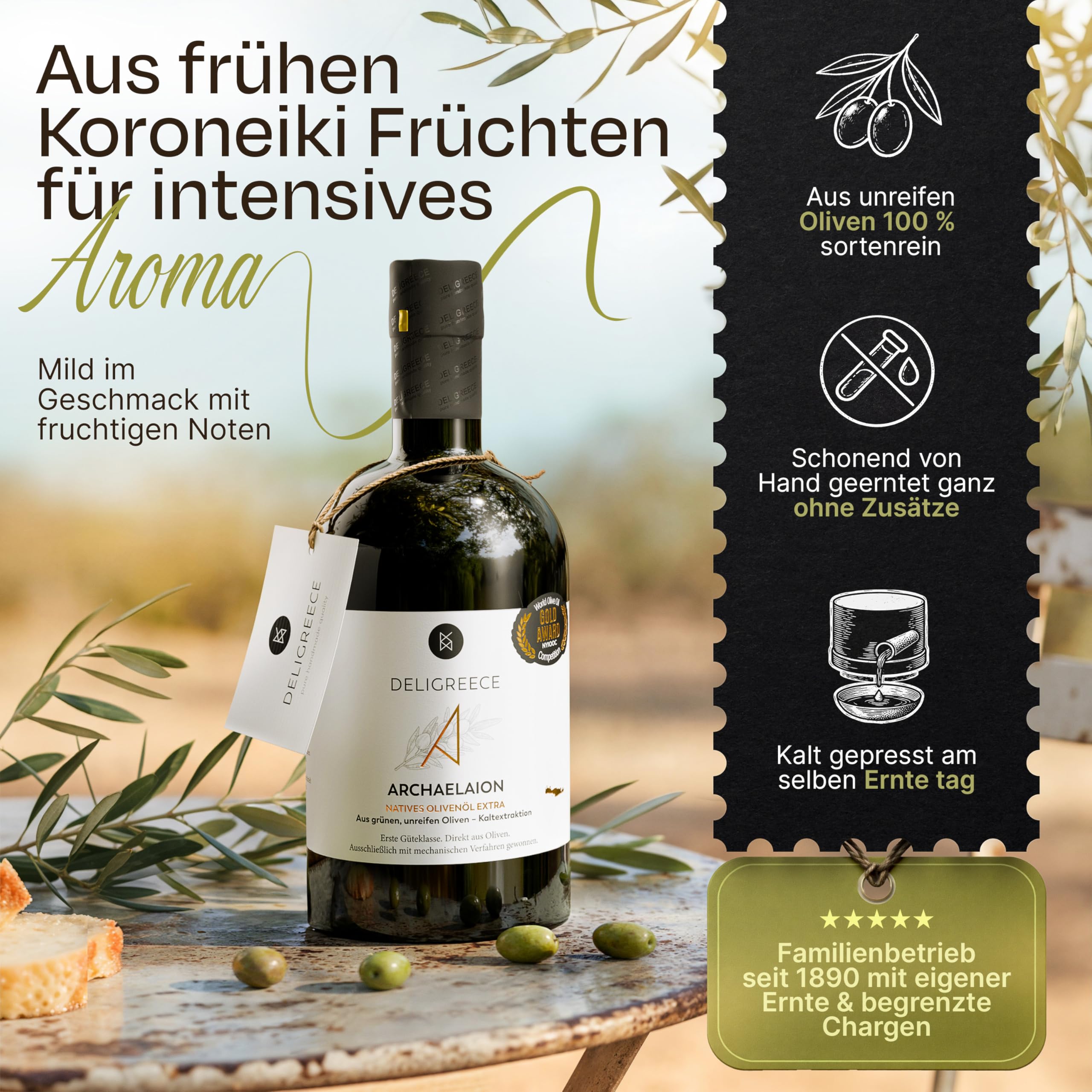 Deligreece Olivenöl | Seit 1890 traditionell hergestelltes Olivenöl von Kreta | Extra natives Oliven Öl aus unreifen Oliven | Ausgezeichnetes & limitiertes griechisches Öl | 500ml Flasche