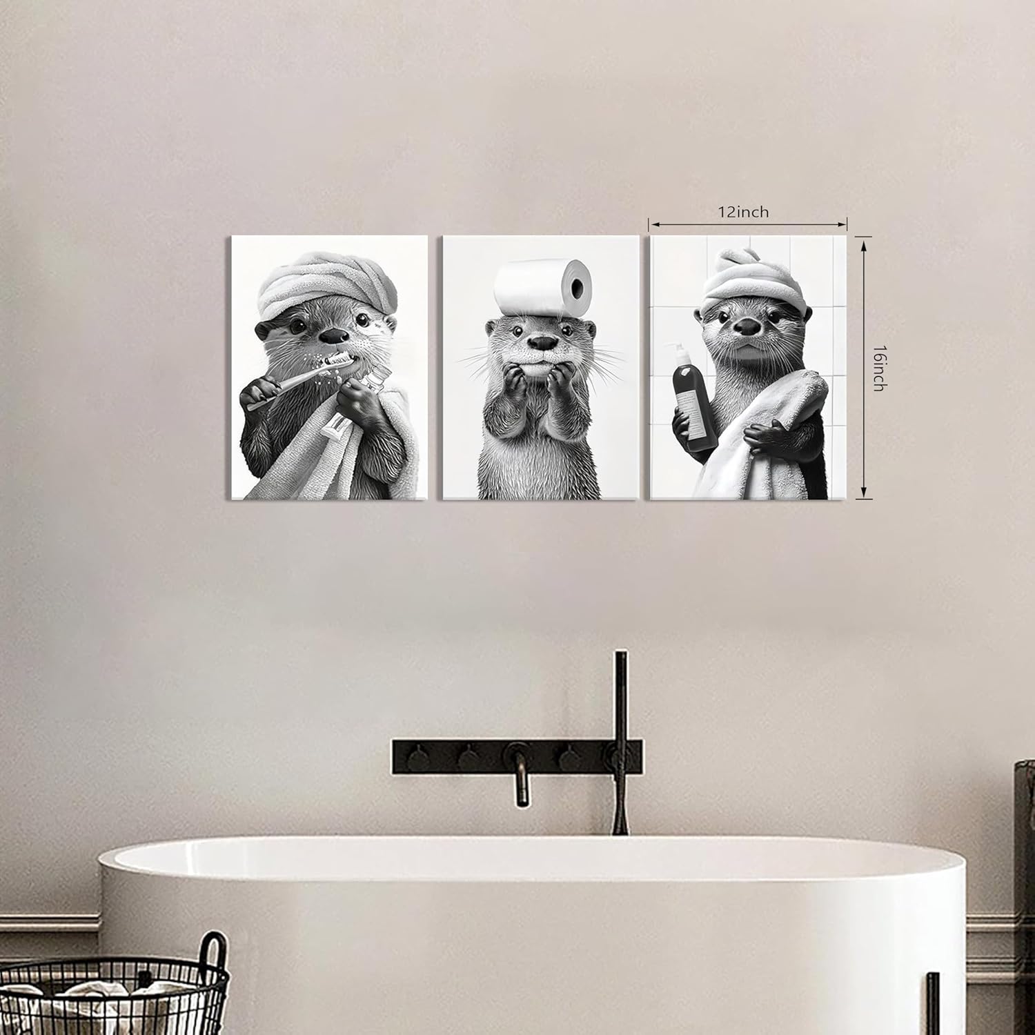 Cute Bathroom Otter Canvas Wall Art Set of 3, Black and White Otter Picture Wall Decor, Funny Painting Print, Farmhouse Humor Animal Art for Bathroom Restroom Decoration Ready to Hang 12x16 inch
