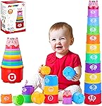 MOONTOY Stacking Cups Baby Toys 6 10 12 18 Months, Montessori Toys for 1 Year Old Toddler Learning Toy with Numbers Shapes Patterns, Baby Bath Toy 6-12 Months, Gifts for 1 2 3 Year Old Boys Girls