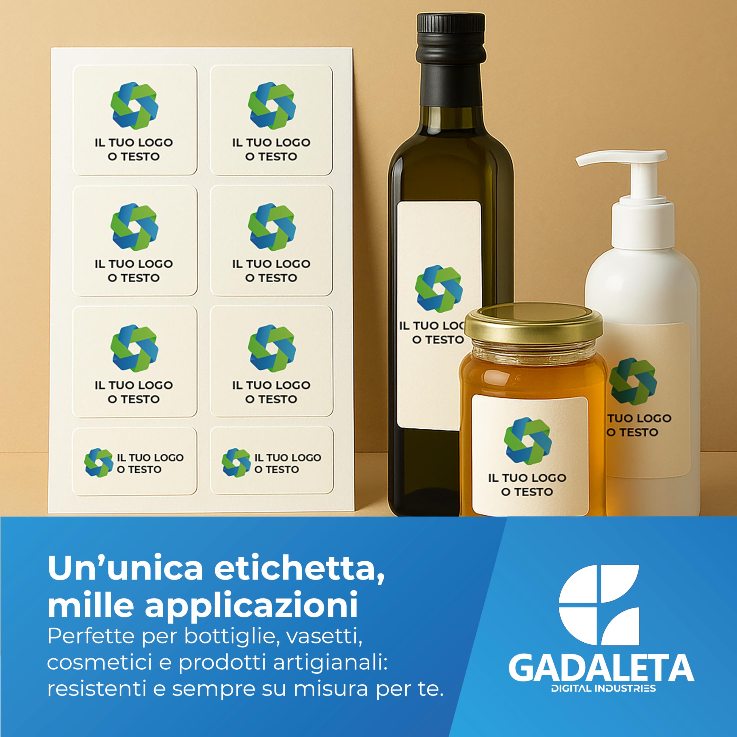 Gadaleta Digital Industries -100 Etichette Adesive Personalizzate -Sticker Personalizzati con Logo - Etichette Scuola, Ufficio, Packaging - 4 Forme: Tondo, Rettangolare, Ovale, Quadrato