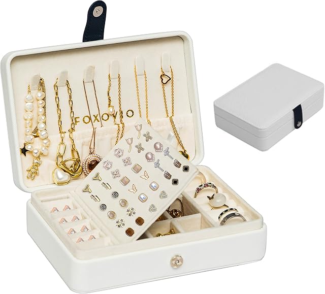 FOXOVIO Jewellery Box, Small Travel Faux Leather Jewellery Organiser Case for Earrings, Necklace, Rings and Bracelets, Jewelery Box for Women, Portable Jewelry Box and Organiser for Travelling & Home