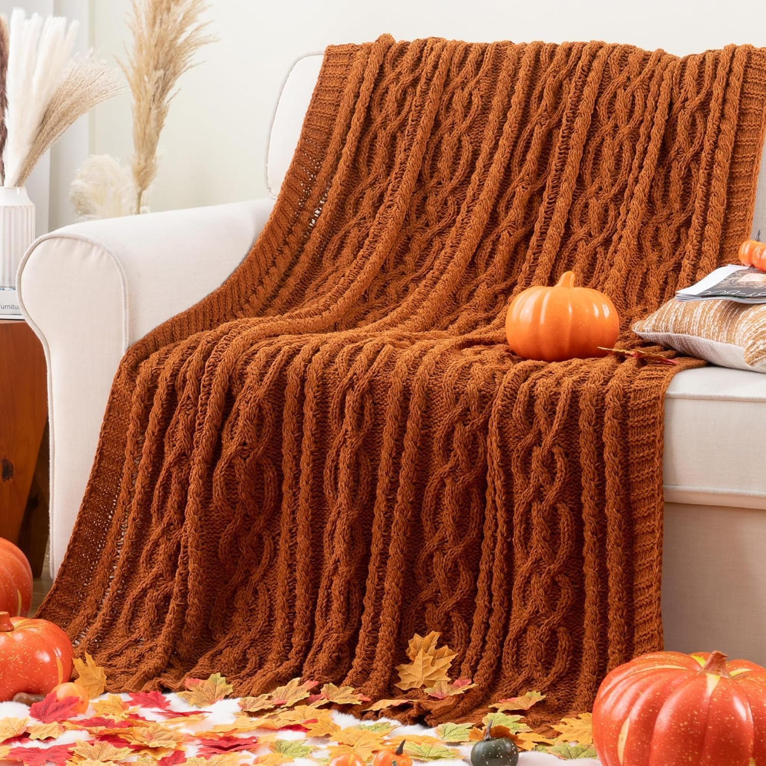 Battilo Caramel Throw Blanket for Couch, Rust Throw, 51" x 67", Super Soft Warm Chenille Cable Knit Blanket Boho Decorative Fall Throw Blanket for Bed, Sofa and Living Room