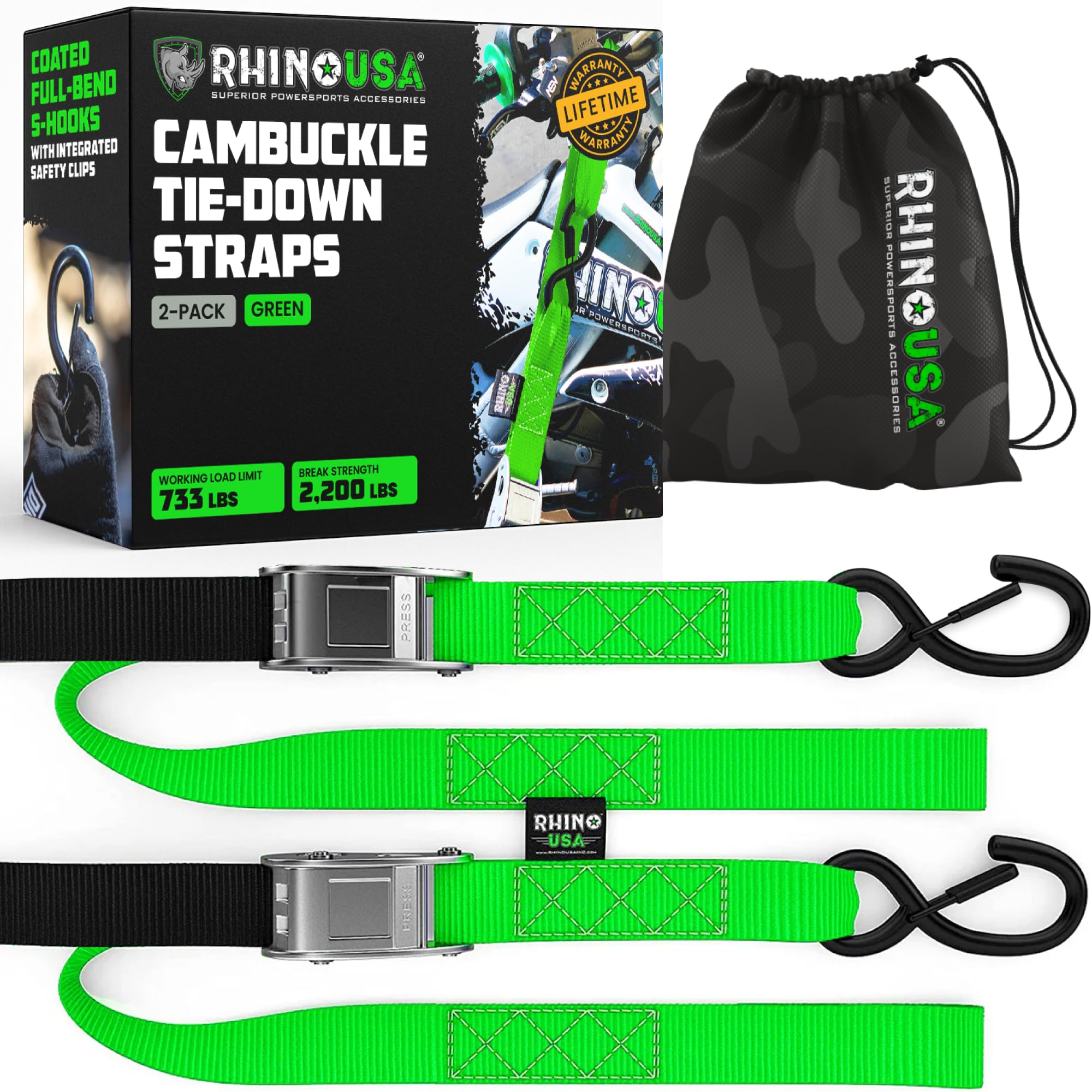 Rhino USA Motorcycle Tie Down Straps (2 Pack) Lab Inspected 2,200lb Break Strength, Steel Cambuckle Tiedown Set with Integrated Soft Loops - Better Than a Ratchet Strap (Green 2-Pack)