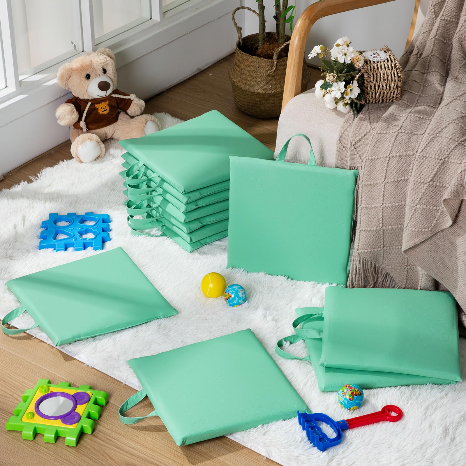 Quadratische Bodenkissen für Kinder Klassenzimmer 30*30 cm Flexible Bodensitzmöbel für Grundschulen mit Griffen Klassenzimmer-Teppichkissen für Erwachsene Kleinkinder Kindertagesstätte(Mint Green)