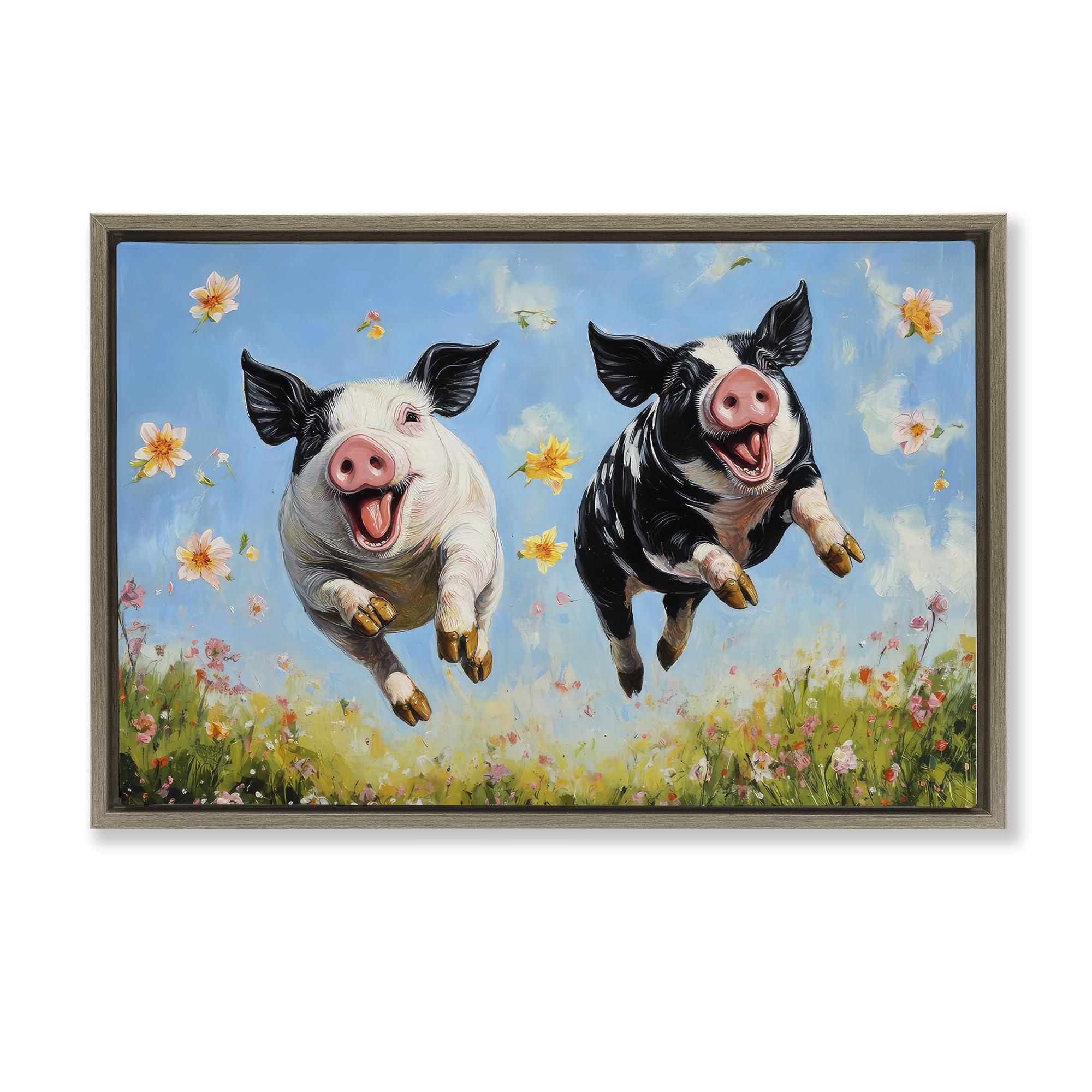 Stupell Industries Montalcino Elm (Textured) 'Flying Pigs & Flowers'| Floating Frame Canvas Art