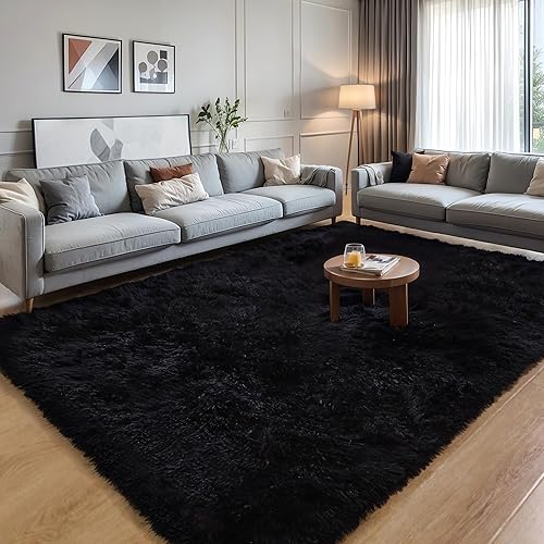 Miniatura 7 de KCHOWUA - Alfombra de 6 x 9 pies para sala de estar, alfombras negras para dormitorio, alfombra suave de área grande, alfombra mullida de felpa