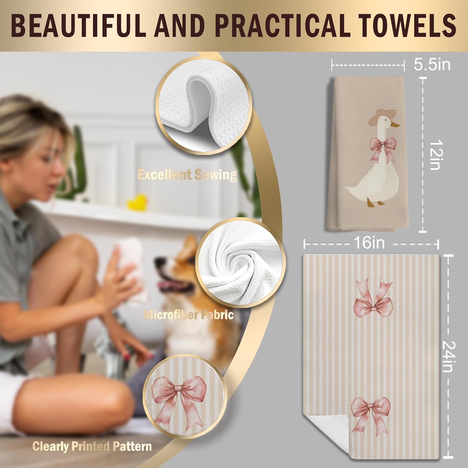 Coquette Pink Bow Goose Striped Floral Kitchen Towels Set of 3, Neutral Beige and Pink Dish Tea Towels for Kitchen Decor, Preppy Aesthetic Hand Towels for Bathroom Decor, 16x24 Inches image 2