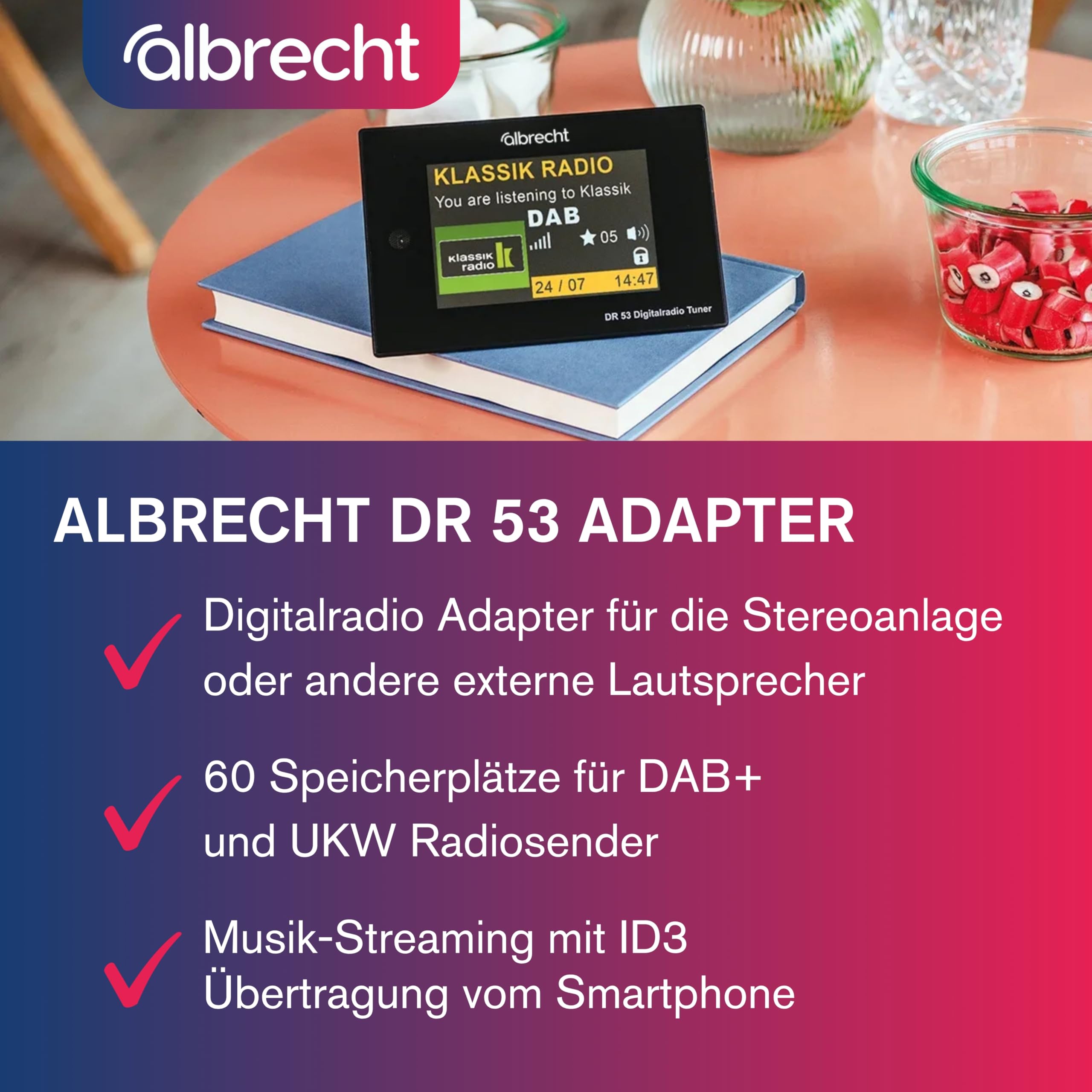 Albrecht DR53, Dab+/FM sintonizador de Radio Digital, 27251, con Pantalla a Color de 4 Pulgadas para conectar al Sistema estéreo, Incluye Mando a Distancia