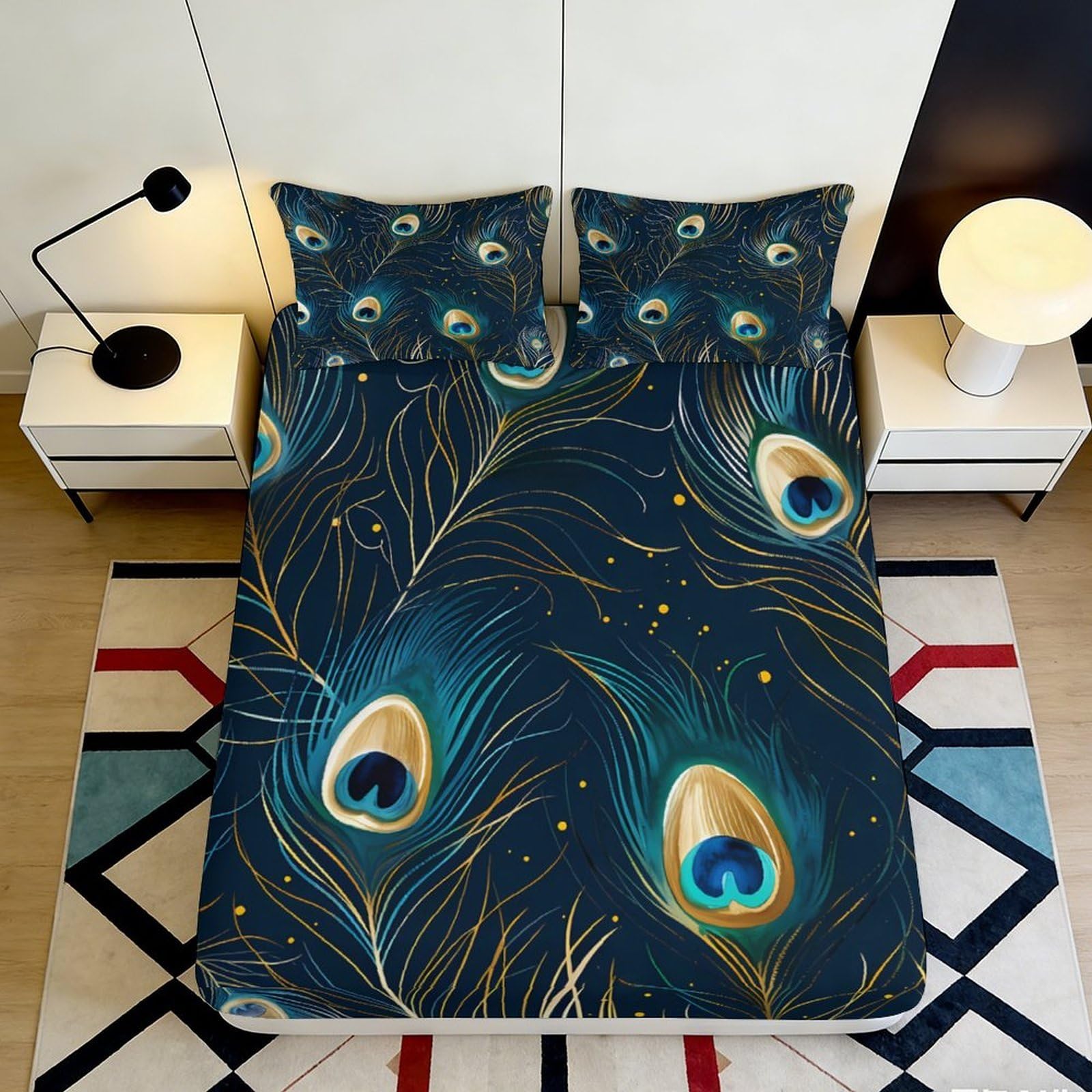 Uynsixtme Style-4 3D Printed Peacock Feather Fitted Sheet Microfiber Deep Pocket Non-Slip Peacock Feather Mattress Fitted Cover Soft Breathable Bedding 140X200x25cm