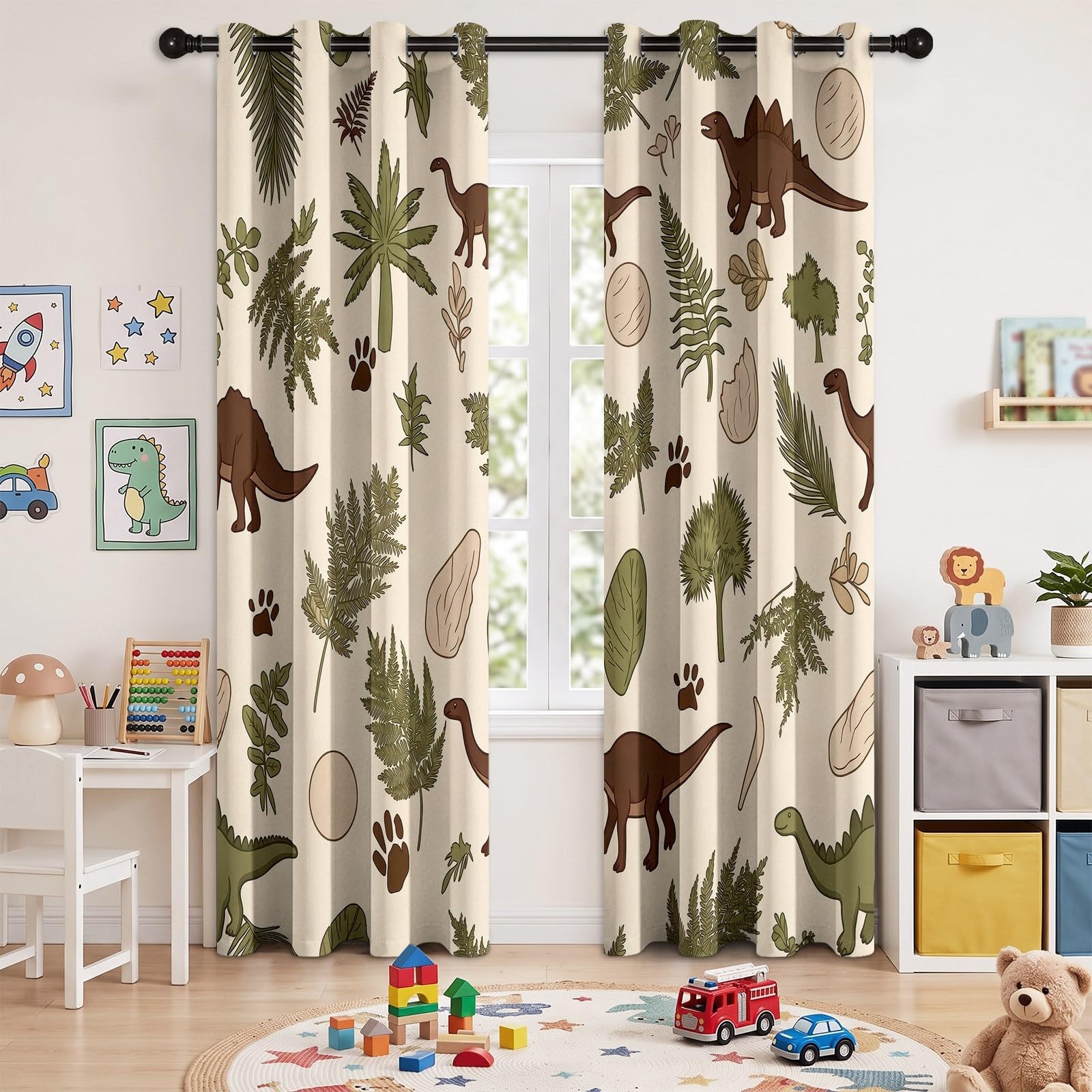 Zasłona z motywem dinozaurów, 100% termiczna zaciemniająca z oczkami, zestaw 2 sztuk 140 x 180 cm, paproć palma do sypialni dla chłopca i redukcja hałasu, do salonu i sypialni
