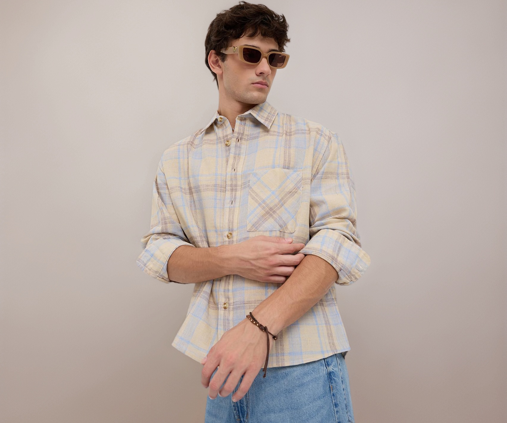 VASTRADO Pastel Dune Soft Plaid Crop Shirt - Image 1