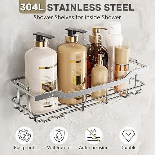 Miniatura 5 de OMAIRA Paquete de 3 organizadores de ducha con soporte para jabón, autoadhesivo, resistente a la oxidación, sin necesidad de taladrar, estante de 3