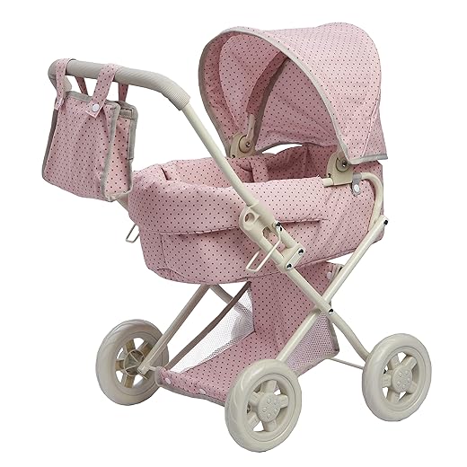 Olivia's Little World Buggy-Style Baby Doll Stroller with Retractable Canopy, Storage Underneath, Detachable Bassinet, Travel Nursery Bag, Comfortable to Push, Pink and Gray
