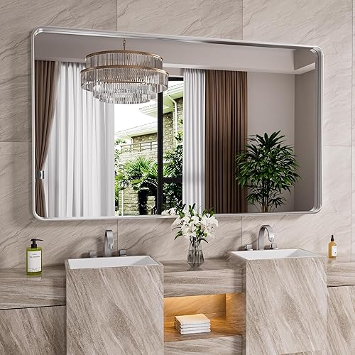 Miniatura 182 de Espejo de baño dorado, 48 x 30 pulgadas, espejo de marco de metal dorado cepillado para pared, espejo rectangular redondeado de tocador de baño