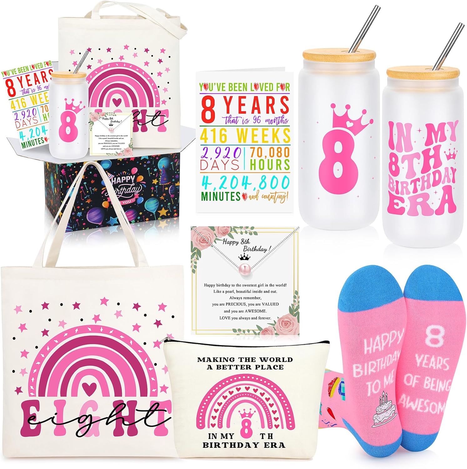 8 Year Old Beautiful Teen Girl Gift, Gifts for 8 Year Old Girls, Top Popular Sweet Present 8th Birthday Decorations Basket Set of 6 8th Birthday Gifts