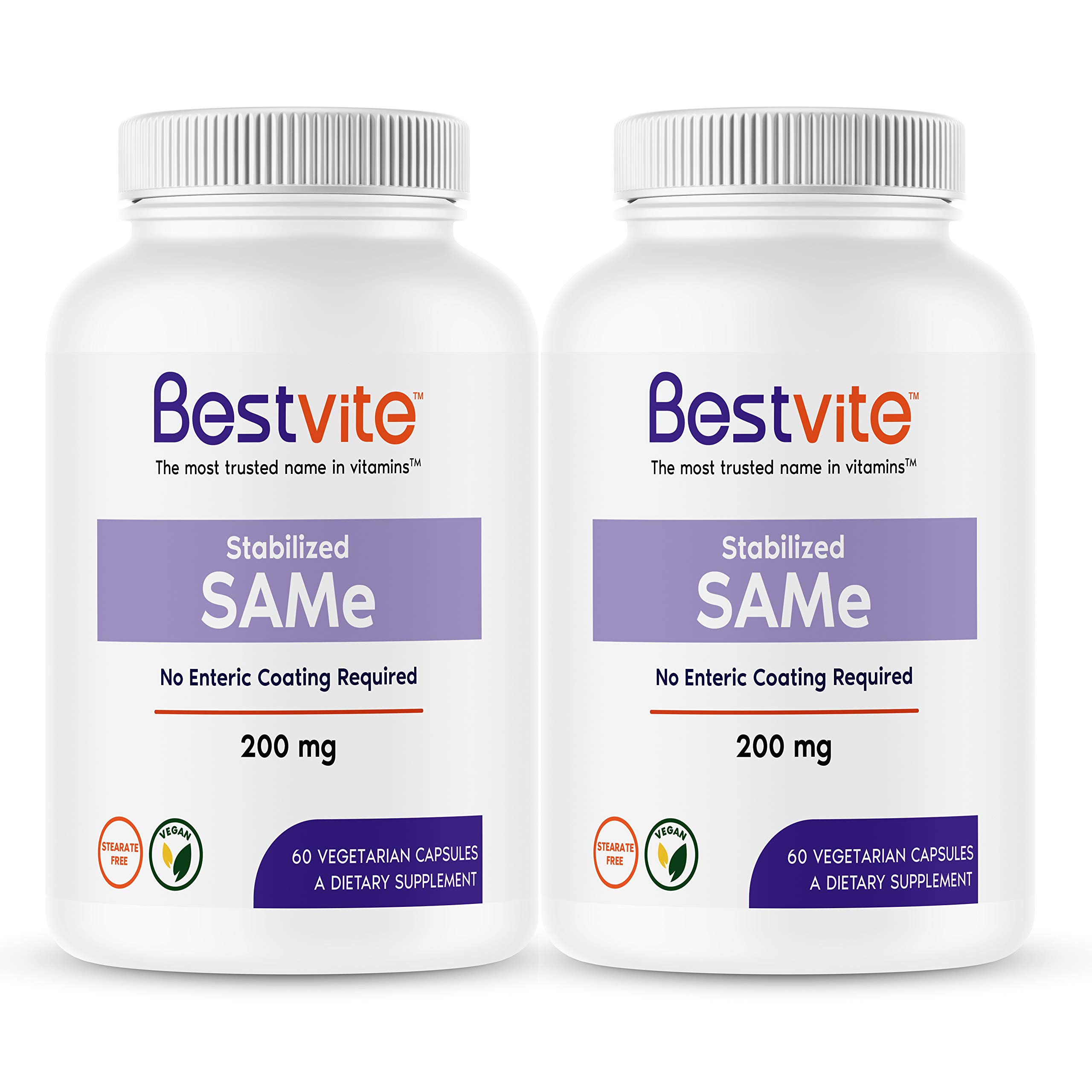 BESTVITE SAM-e 200mg Stabilized (120 Vegetarian Capsules) (60 x 2) - Easy to Swallow Capsule Form - No Enteric Coat Needed - No Stearates - No Fillers - Vegan - Non GMO - Gluten Free