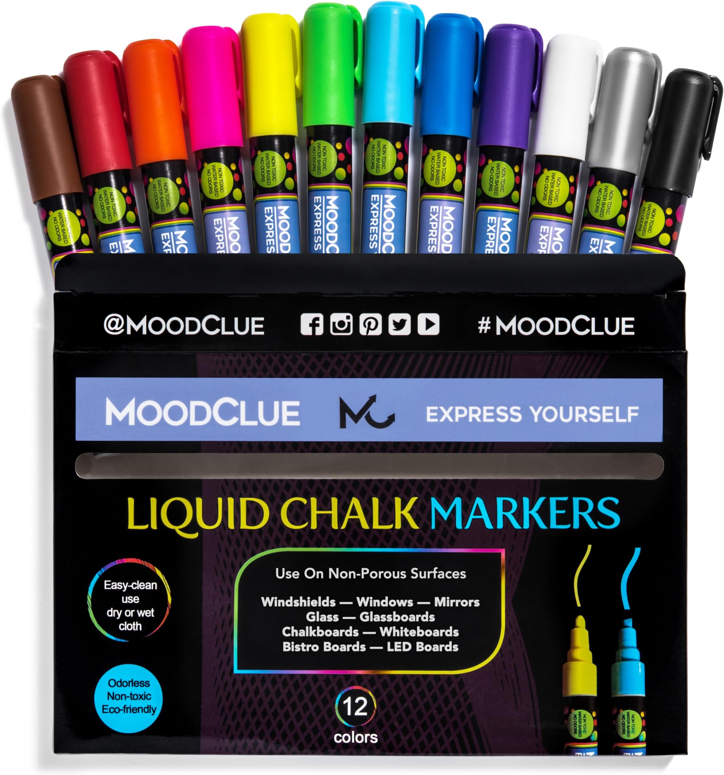 MoodClue Liquid chalk markers 12 neon erasable Whiteboards, glass boards, chalkboards, windows, mirrors, car windshields, auto, glass. Odorless, non-toxic. Wet or dry erase. Thick and thin tip