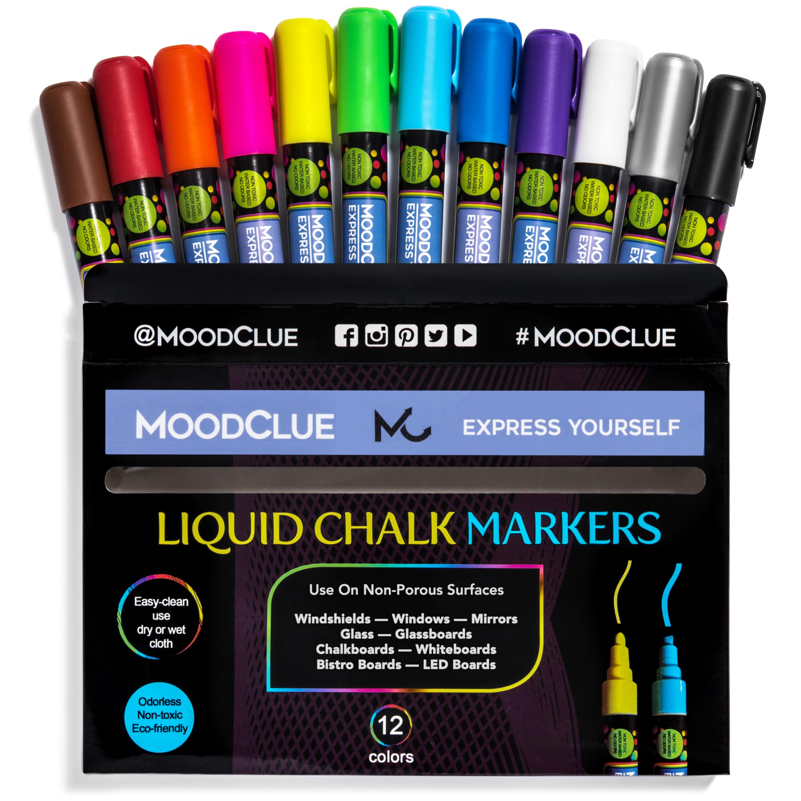 MoodClue Liquid chalk markers 12 neon erasable Whiteboards glass boards chalkboards windows mirrors car windshields auto glass Odorless