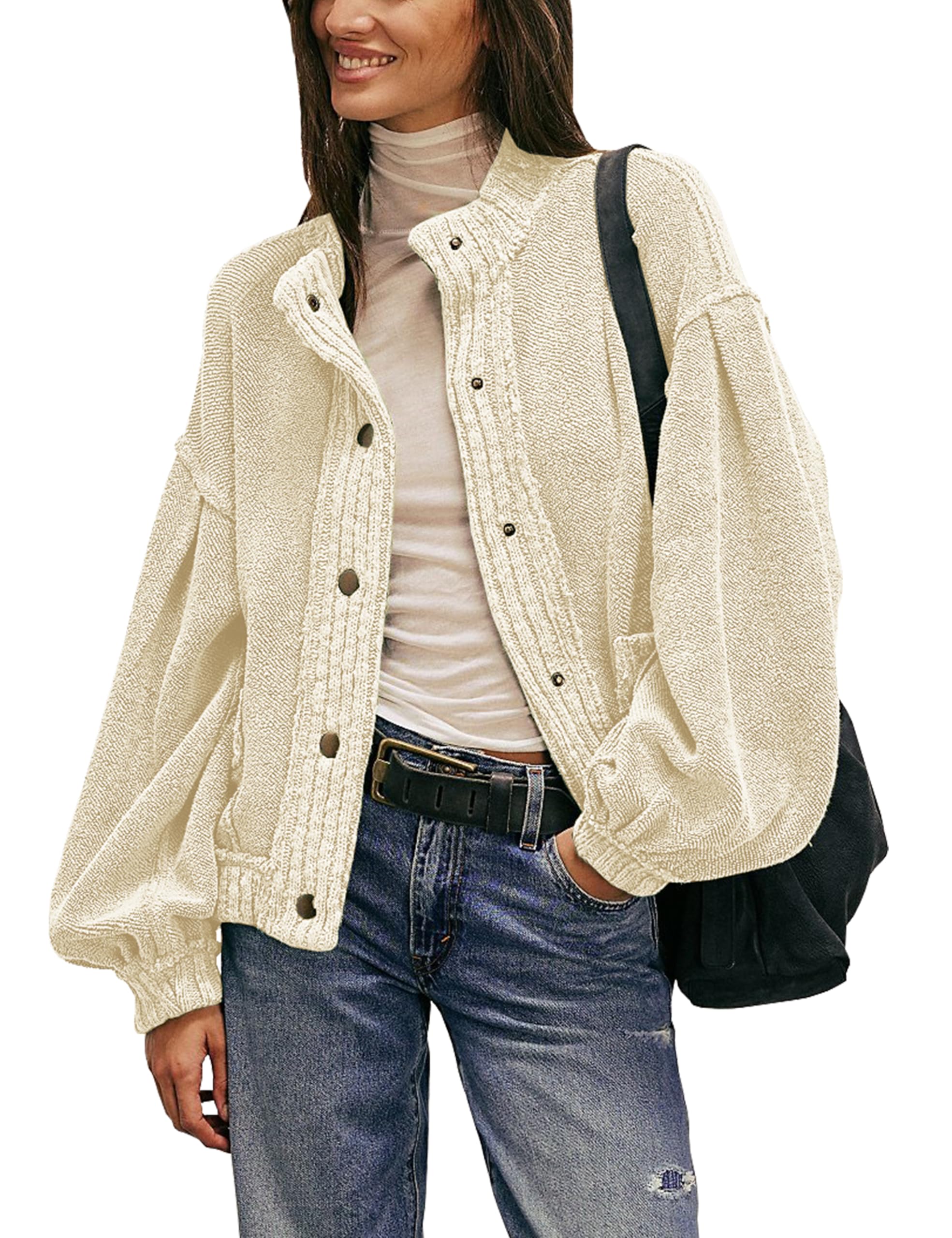 Cardigan Jacket for Women Loose Fit Ribbed Knit Trim Casual Jacket Shacket with Pockets