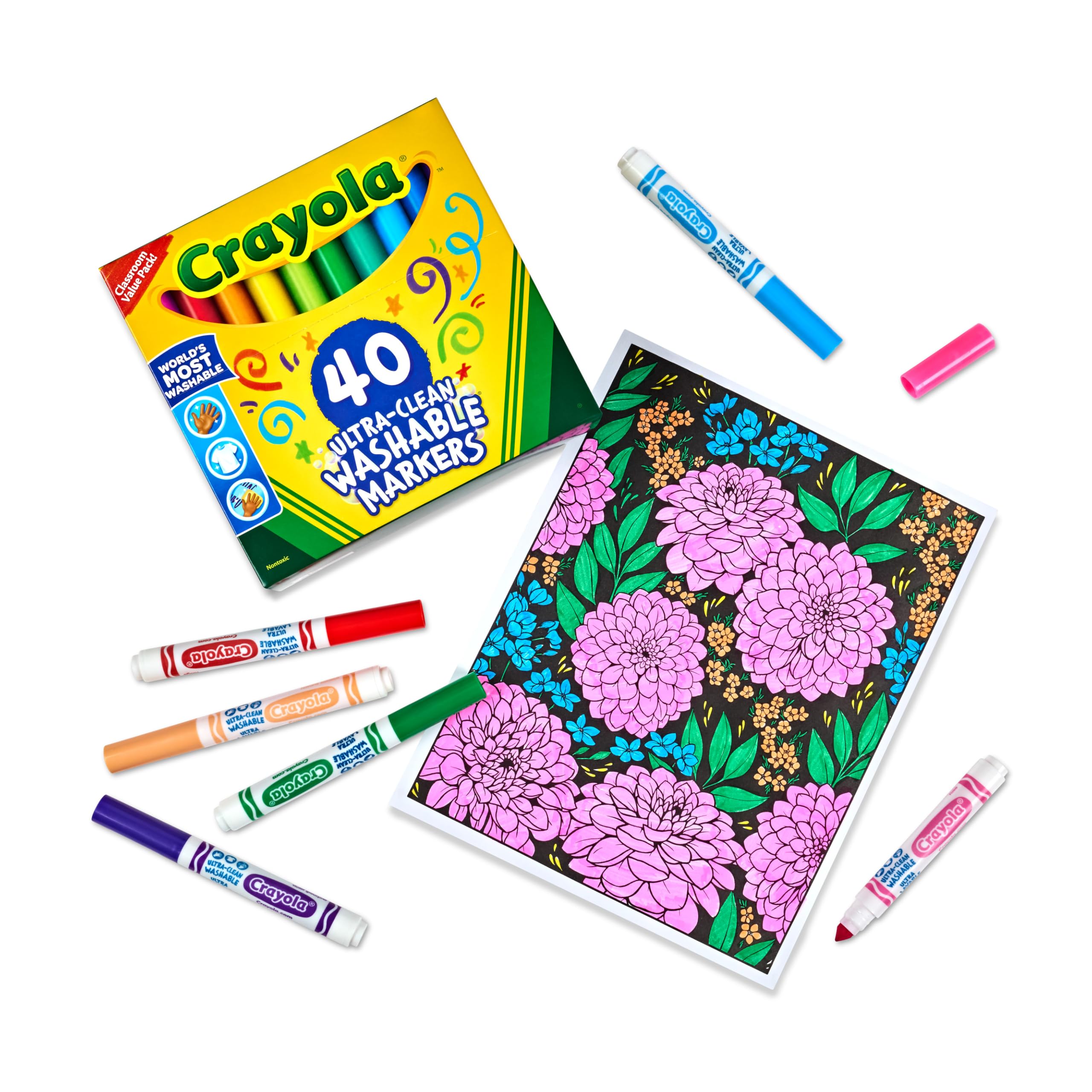 Crayola - Pennarelli ultra puliti, lavabili, 40 colori classici tossici, per bambini e neonati, grande varietà di colori accesi e vivaci, ideali per aule