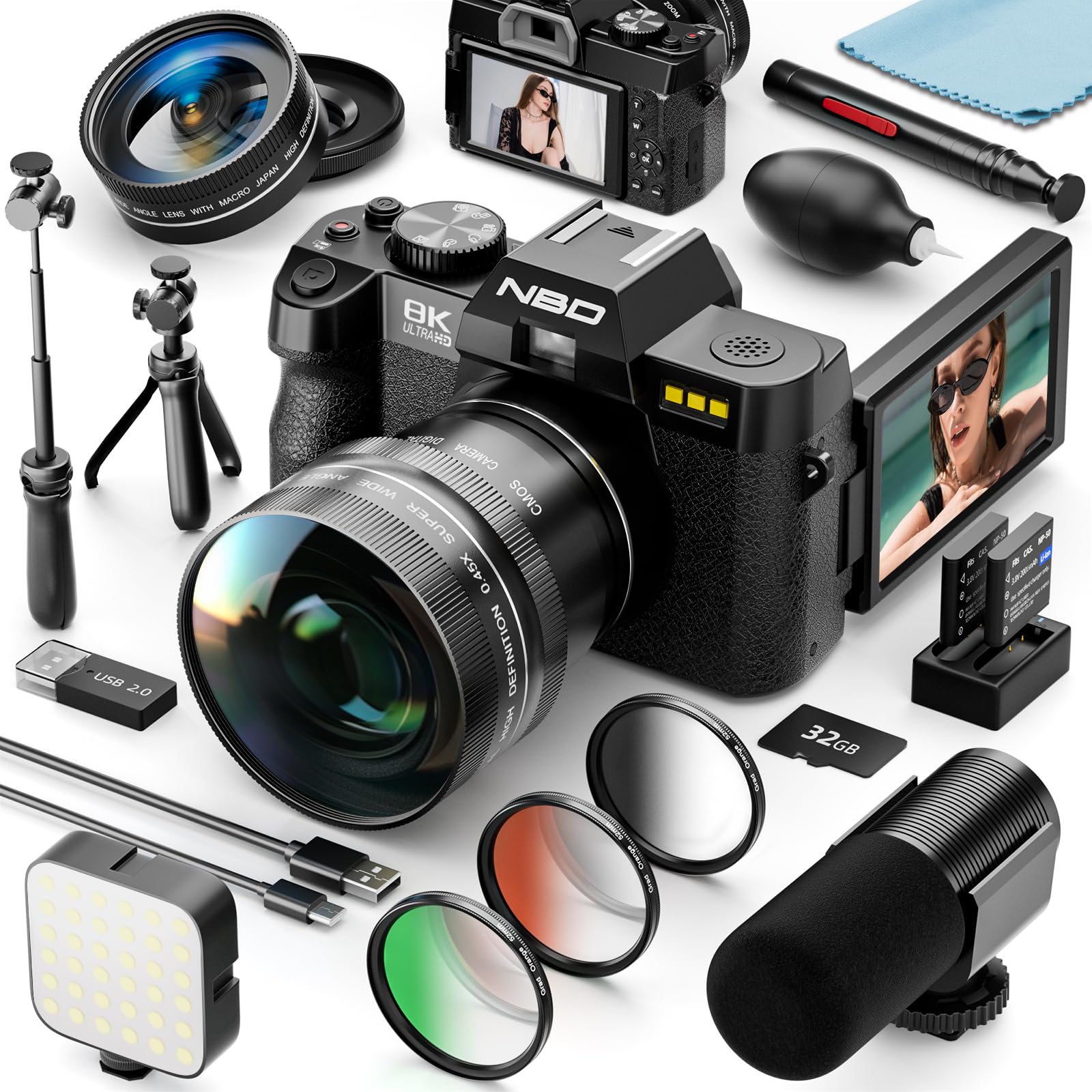 NBD Appareil Photo Numérique 8K 64MP: *​Kit 16-en-1​* avec Autofocus, Écran Orientable 180°, Zoom 16X, WiFi, Carte 64GB + 2 Batteries (Noir)
