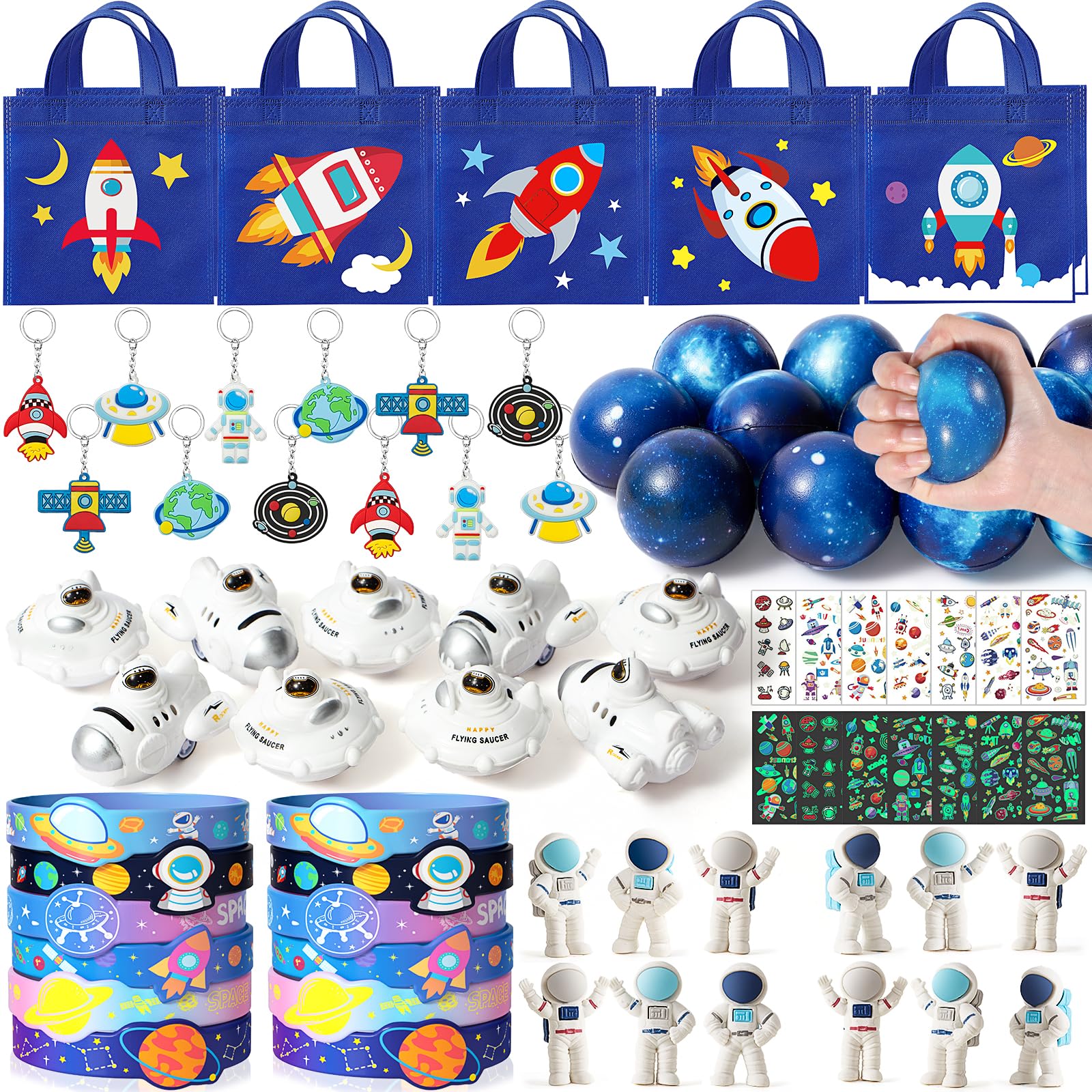Outer Space Party Favors Birthday Supplies Non-Woven Gift Bag Stress Ball Spaceship Toy Astronaut Eraser Silicone Bracelet Keychain Tattoo Sticker Galaxy Space Goodie Bags Party Decoration