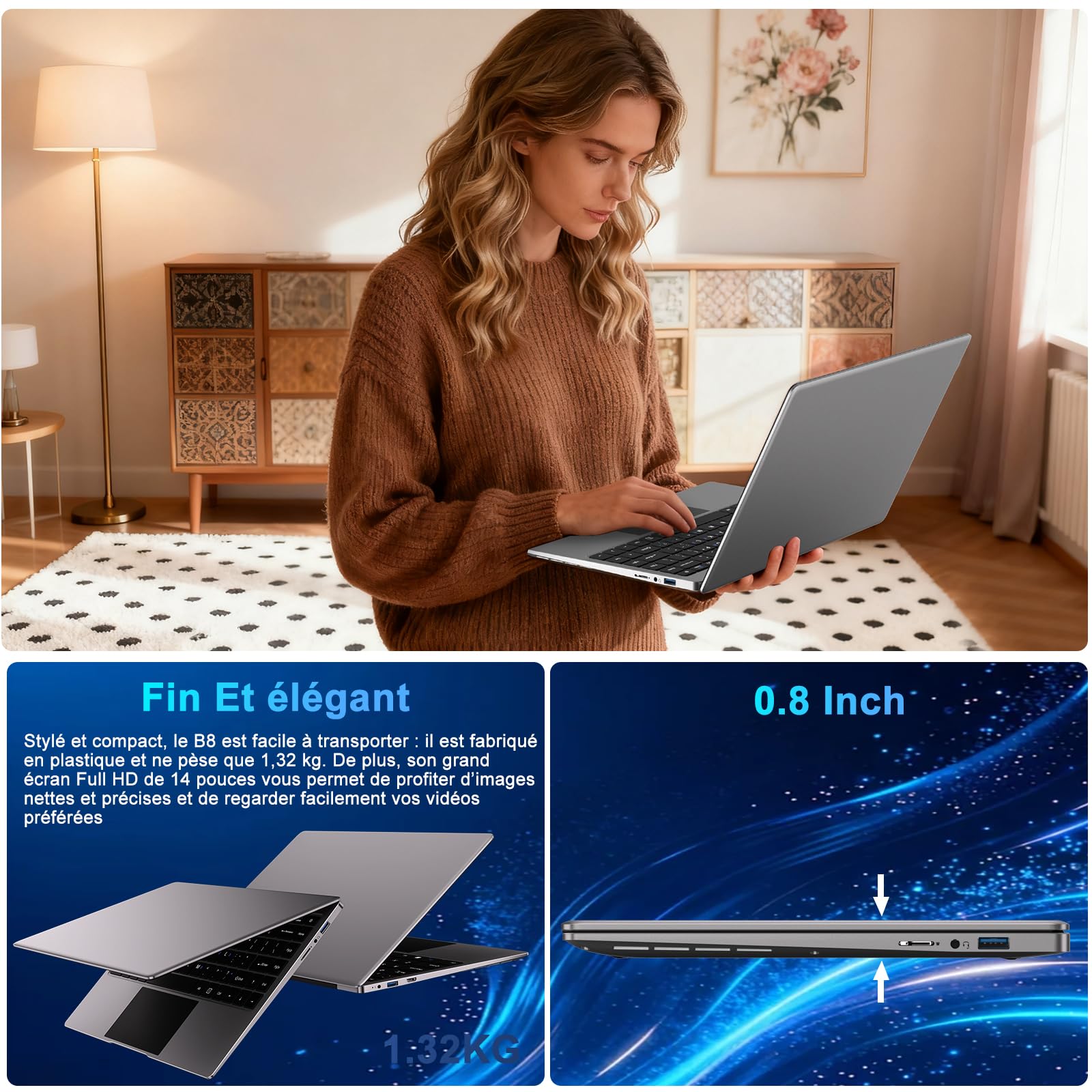 2026 Ordinateur PC Portable 14 Pouces 8+256Go Win11 Celeron N4020 - Gris | Support 1 to SSD Expansion 2.4G+5G WiFi Bluetooth 4.2 USB HDMI 1920 x 1080 FHD Membrane de Clavier AZERTY