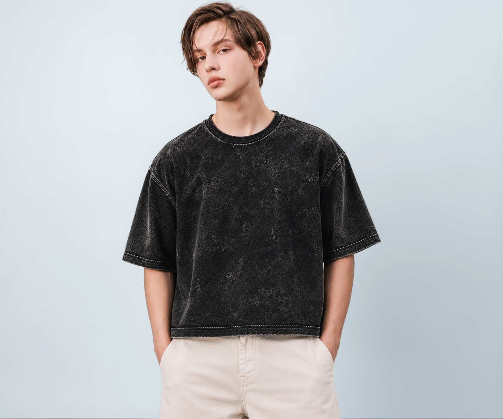 Acid Wash Boxy Fit T Shirt for Men Black