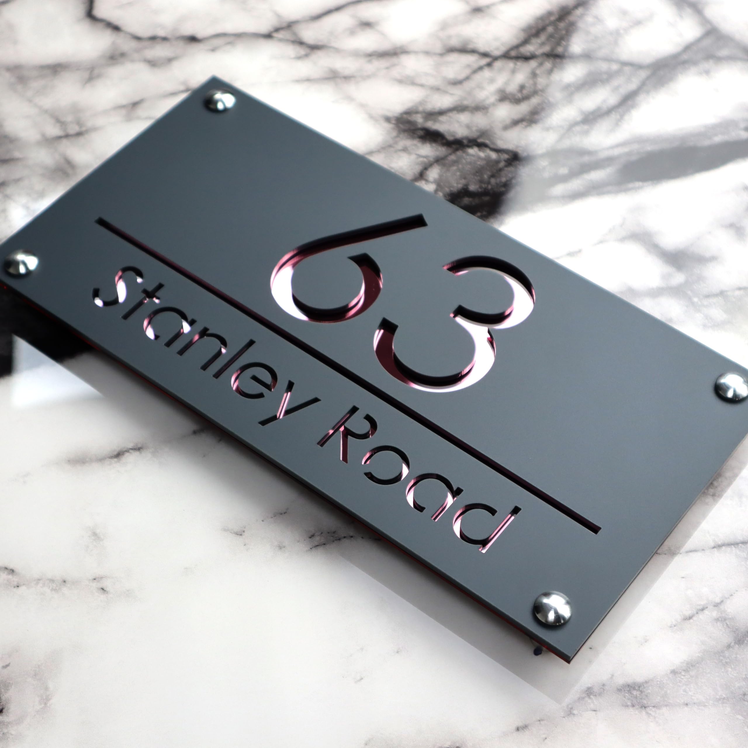 K SMART SIGN | LUXE H3 F31 | House Numbers Plaques House Numbers Door Signs House Number For Wall Name Plaques For Outside 3D Laser Cut acrylic Mirrored Marble (Matt Gray & Rose Gold Mirror)