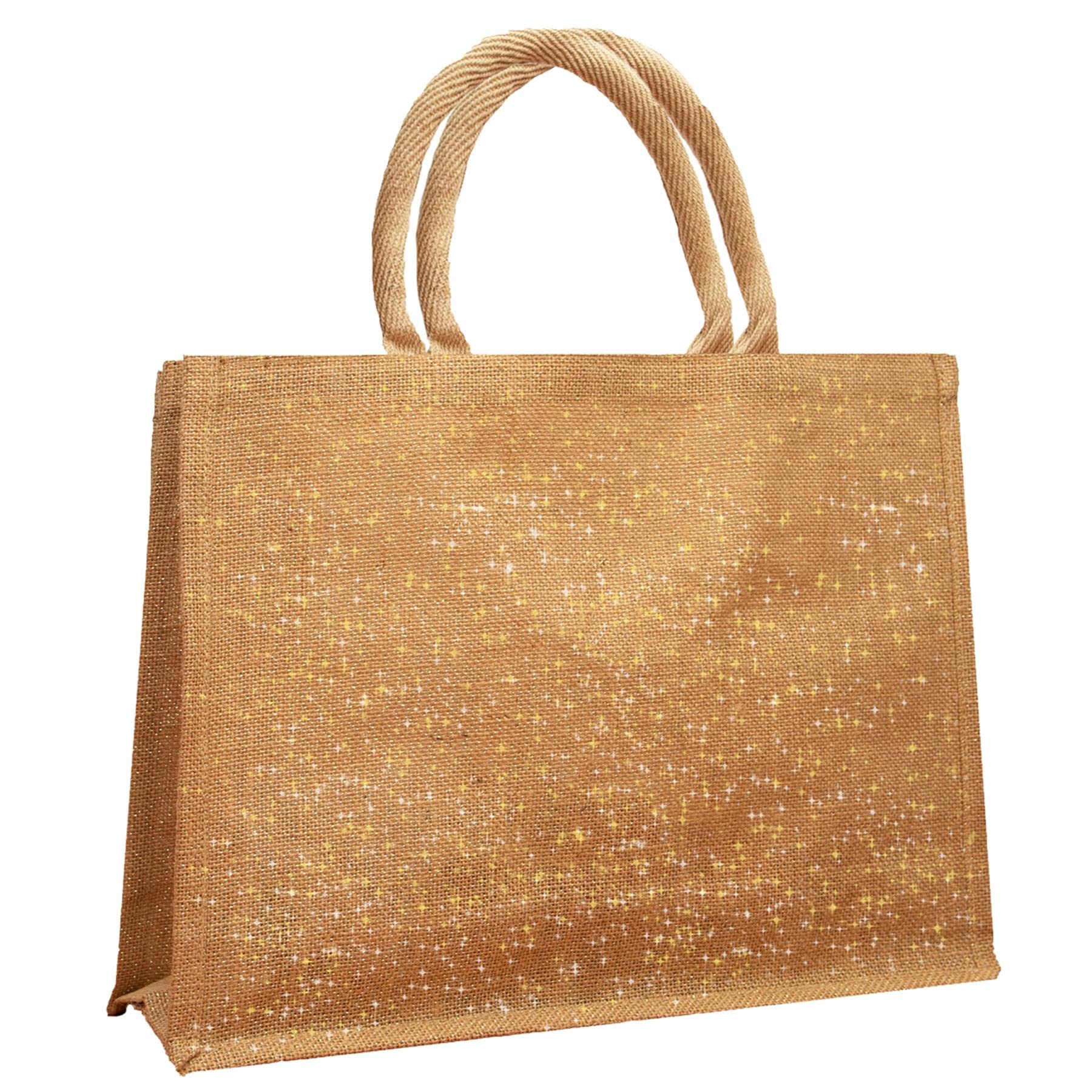 Roseley Strong Jute Shopping Bag Webbed Handles & Waterproof Lining Large Reusable Hessian Veggie Grocery Shopper Bag [Natural Glitter]
