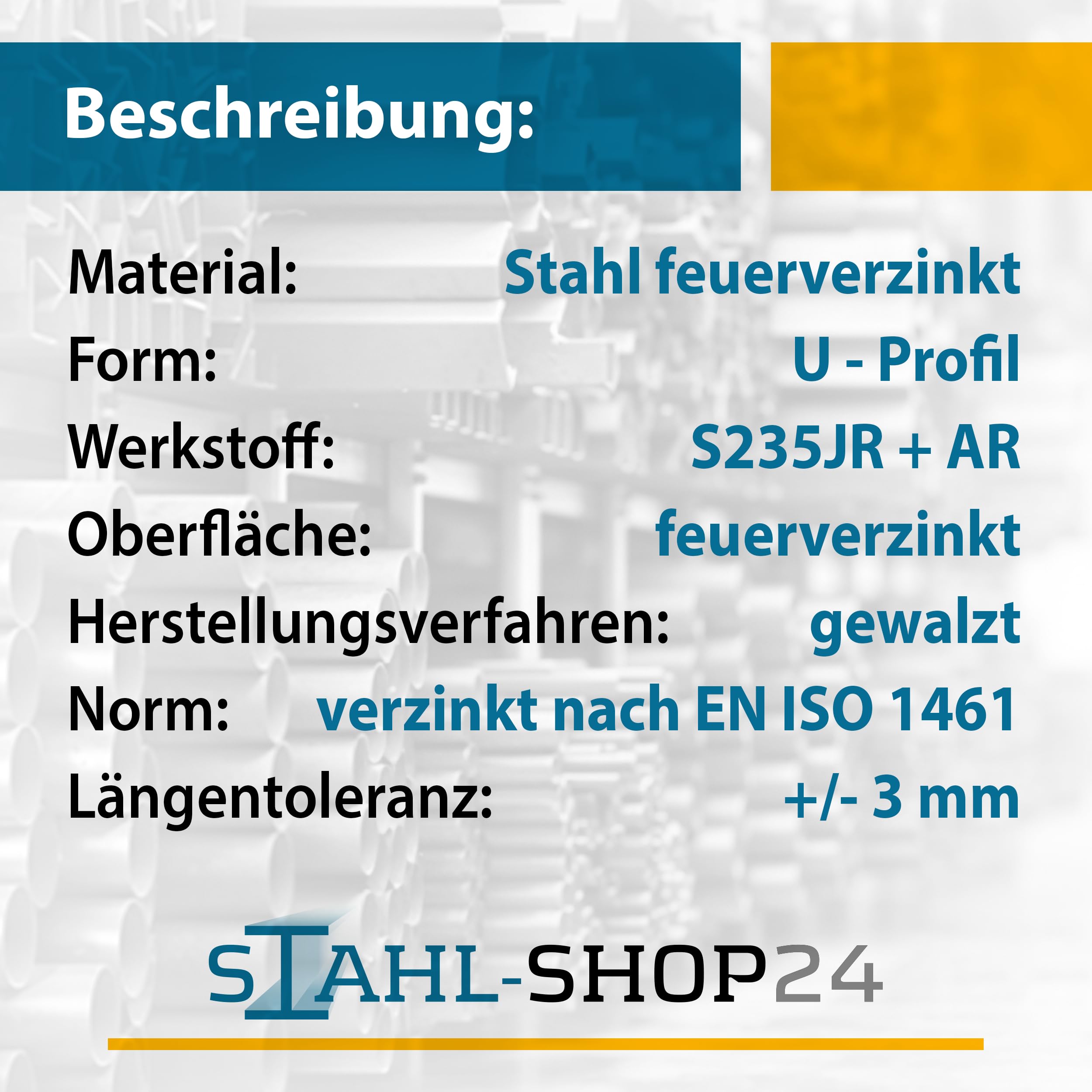 Stahl-Shop24 - U-Profil Feuerverzinkt, Formstahl Gekantet, U-Eisen - Werkstoff: S235JR + AR, Länge: 2000 mm, Abmessung: 120x55x7 mm
