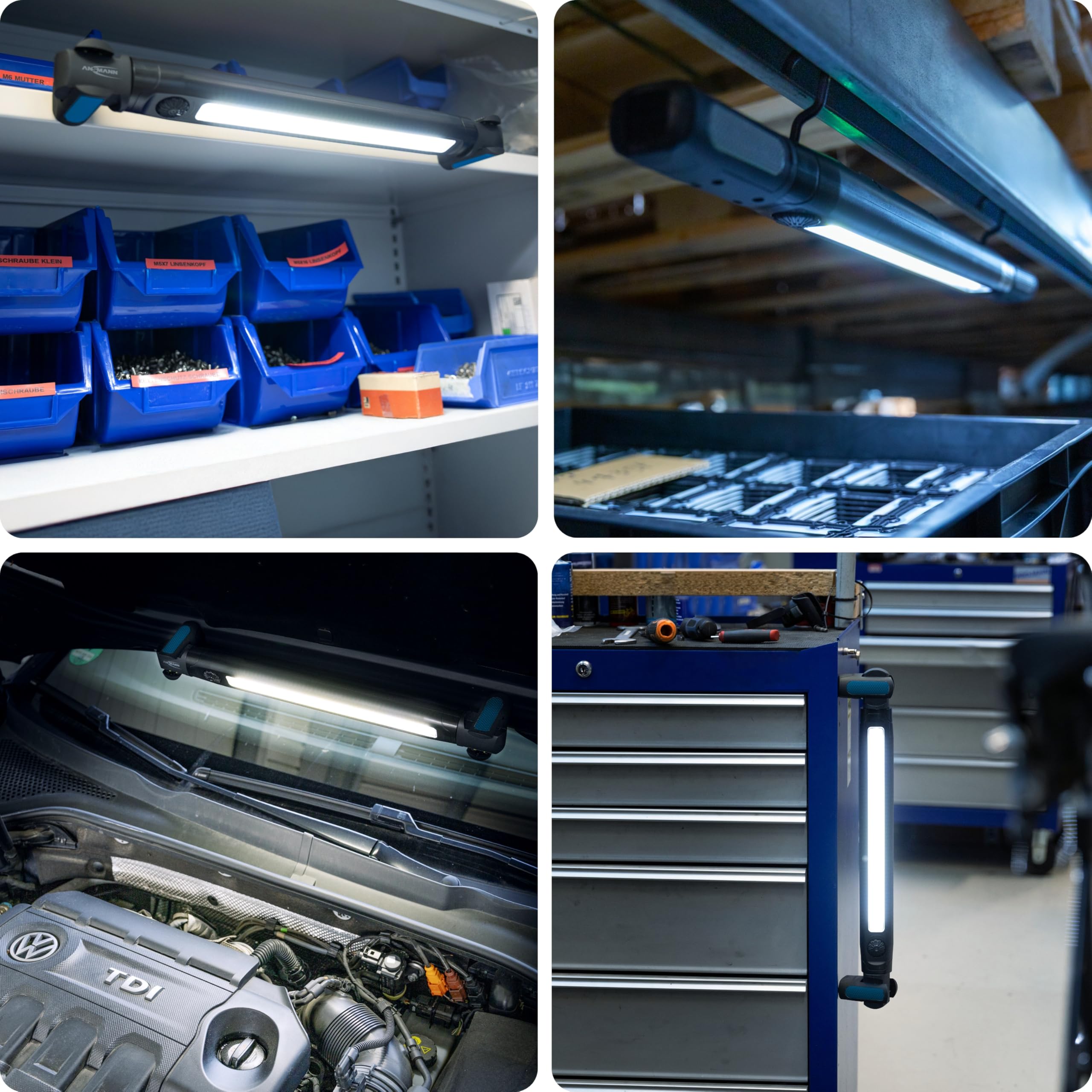 ANSMANN Luce da lavoro a LED, luce di ispezione ricaricabile con magnete e gancio, ricaricabile via USB, lampada da officina, torcia a LED, 3000lm e 8h di durata della luce, officina, automobile