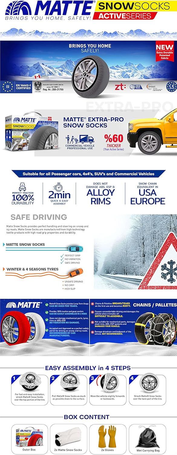 Auto Snow Socks for Tires, Emergency Traction Vehicles Safe Travel on Ice, Frost, Snow, Extra Durable Chains Equivalent Tire Chain Alternative XX-Large