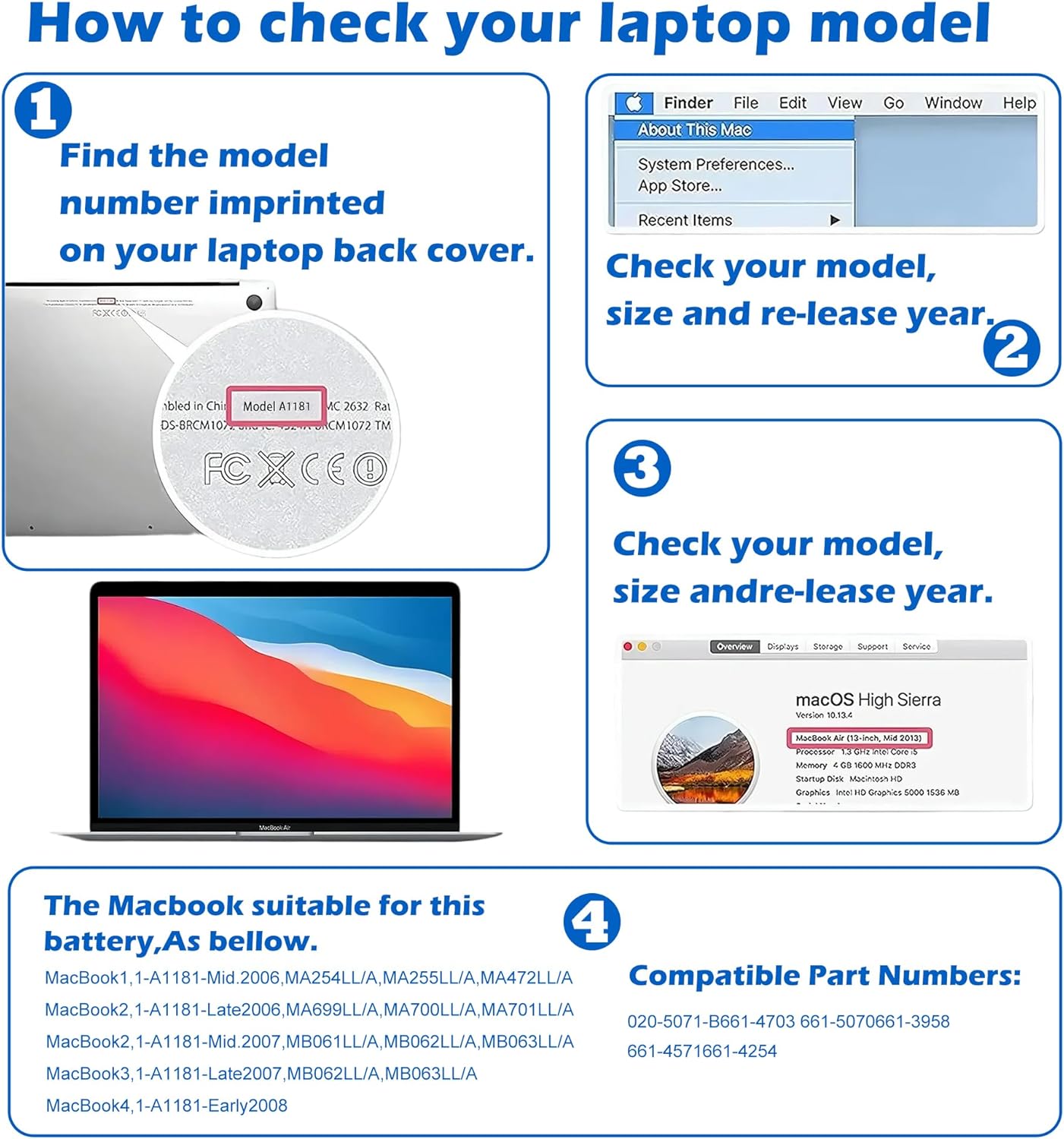 60Wh A1185 Laptop Battery for Apple MacBook 13" A1181 MA561 MA561FE/A MA561G/A MA561J/A MA254 MA255 MB402 MA566 MA699 MA700 MB061 MB062 (Mid/Late 2006 2007) Early/Late 2008, Early/Mid 2009