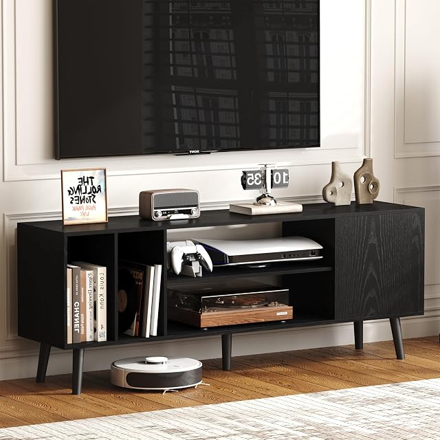 Yusong TV Stand for 55/65 inch TV, Mid Century Modern TV Console Table, Media Entertainment Center with Storage for Living Room Bedroom, Wood TV Cabinet, Oak Black