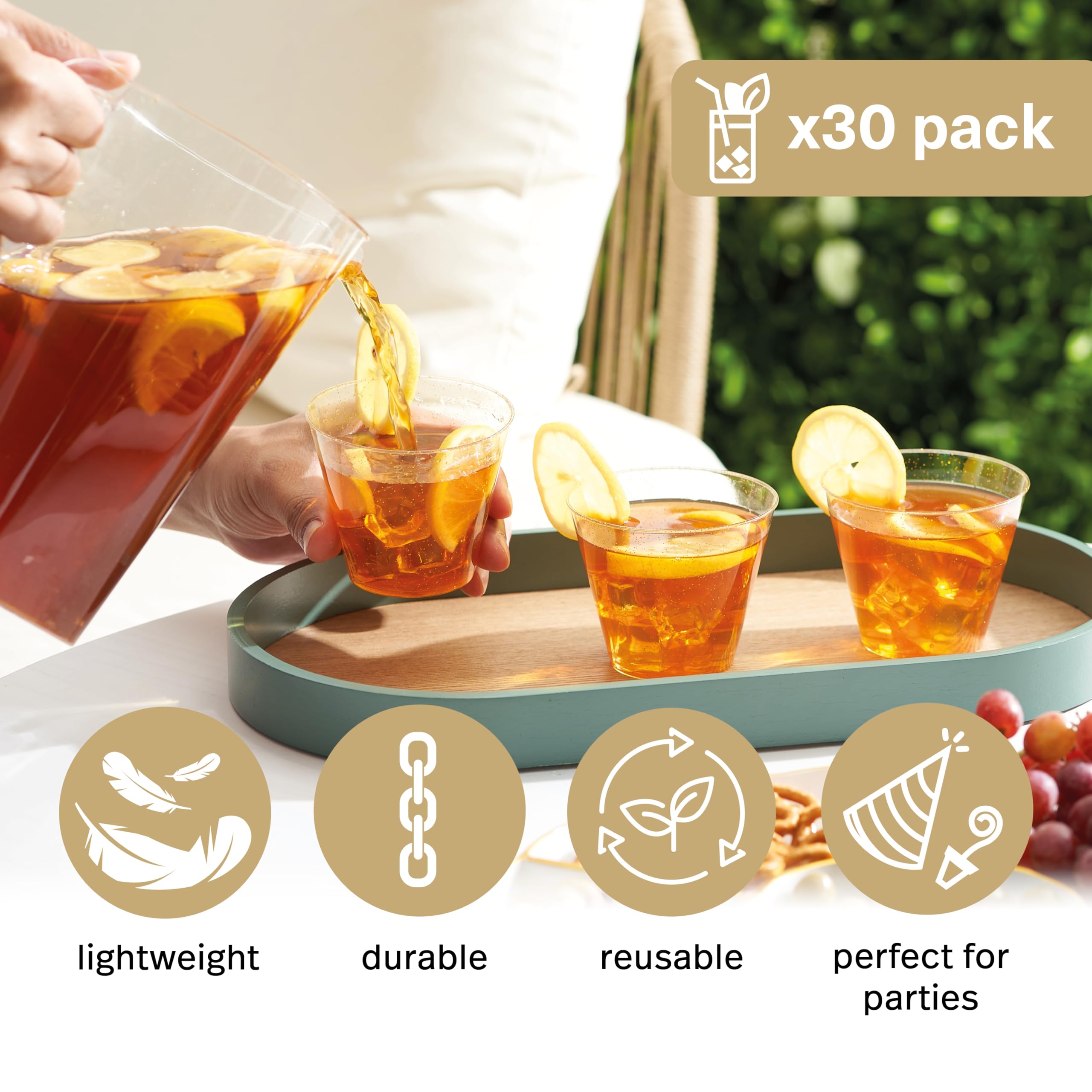MATANA 30 Premium Clear Hard Plastic Cups, Plastic Party Cups with Gold Glitter (255ml / 9oz), Reusable Plastic Glasses - Image 4