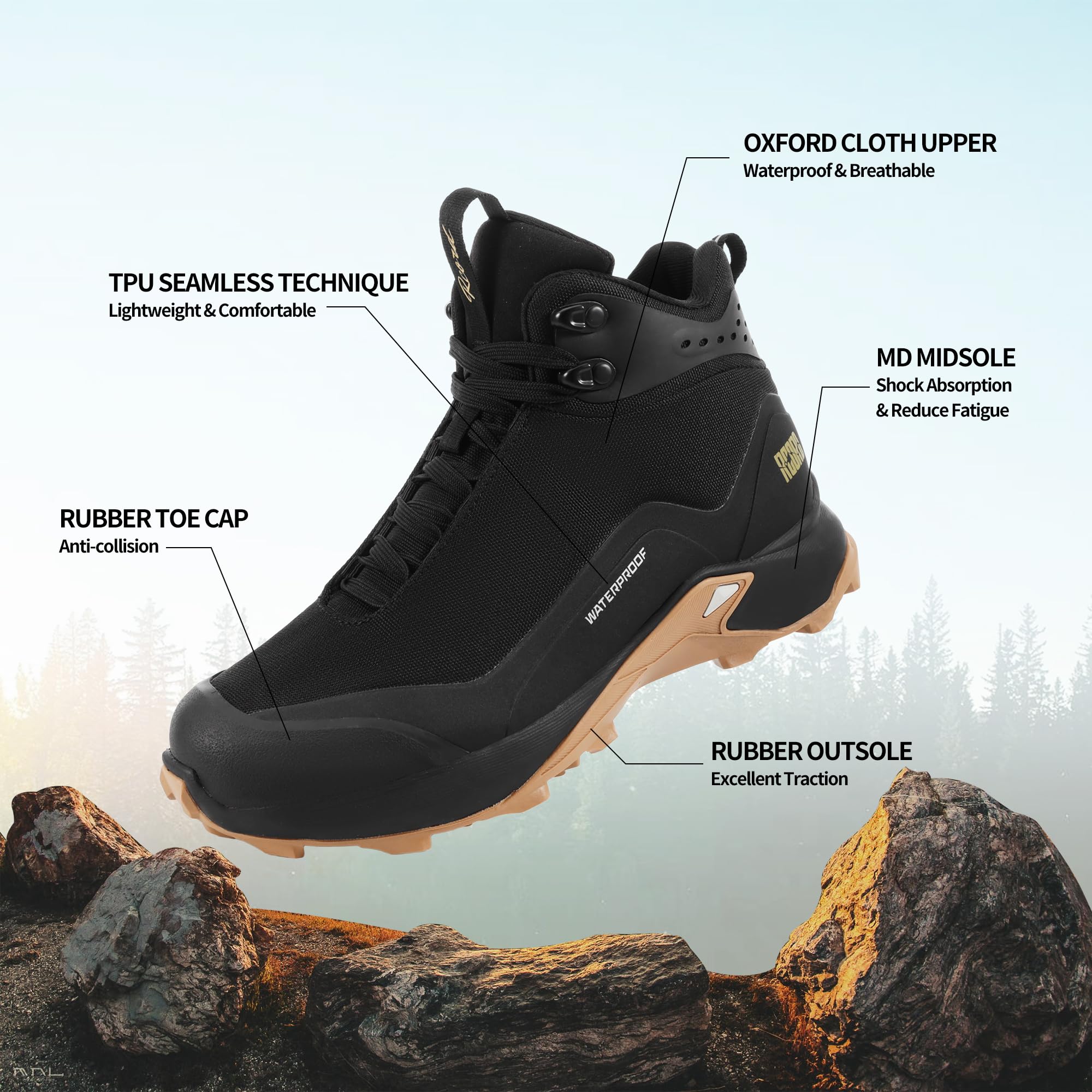 R CORD Waterproof Hiking Boots for Women Ankle-Support Comfortable Hiking Shoes Non-Skid Outdoor Walking Camping Work Boots Black Size 7