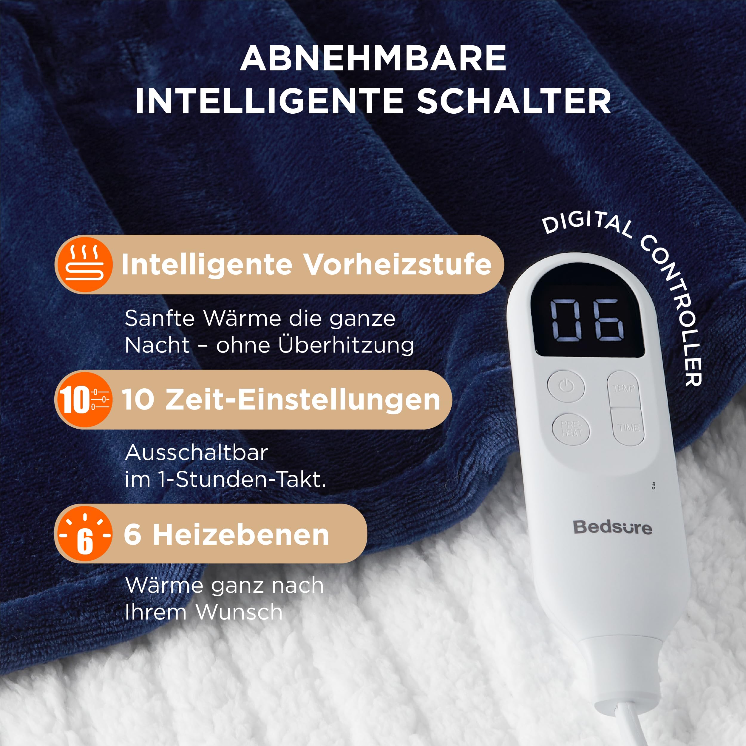 BEDSURE Koc grzewczy z automatycznym wyłączaniem, 180 x 200 cm – koc termiczny z 6 stopniami ogrzewania i 10-godzinnym timerem, ochrona przed przegrzaniem do 8 godzin, elektryczny koc do domu i biura