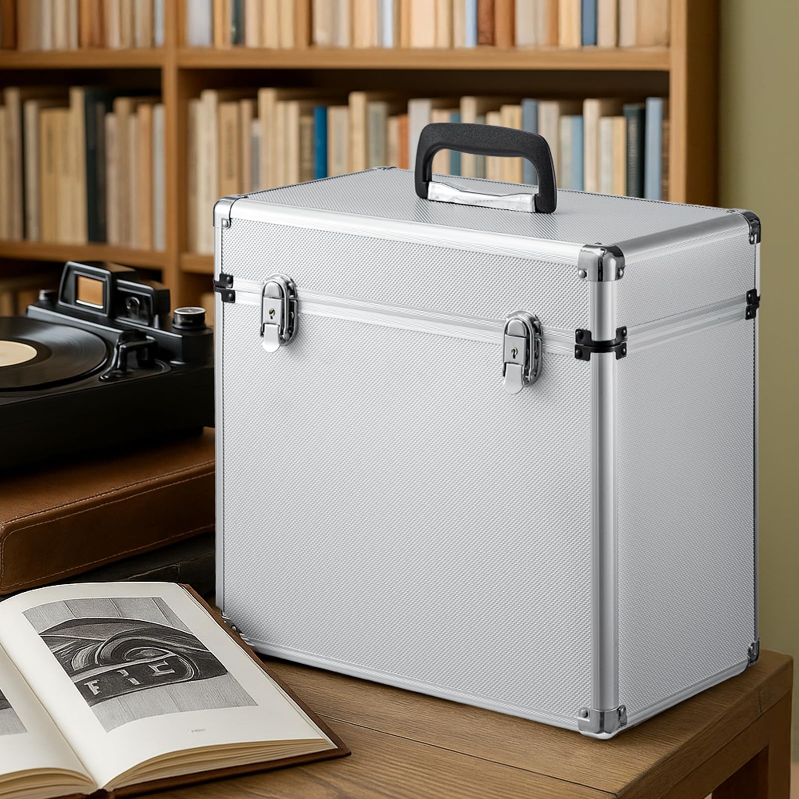 Youyijia Plattenkoffer Schallplattenkoffer LP-Koffer 12 Zoll 50 LP Vinyl Record Schallplatten Aufbewahrungsbox Tragbarer Abschließbarer Vinyl Koffer für die Aufbewahrung Wertvoller Alben