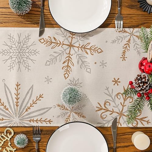 Miniatura 5 de Siilues Camino de mesa de Navidad decoraciones de copo de nieve camino de Navidad de oro blanco para mesa de temporada de Chriatmas decoración de