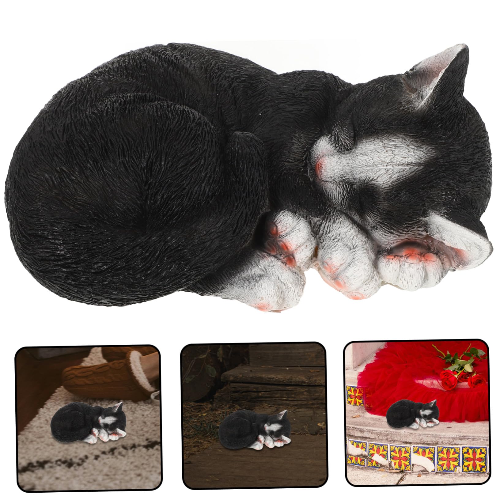 Abaodam Estatua de Gato Durmiendo Adorno Creativo y Elegante Negro Decoración de Resina Fácil de Instalar y Mover para Jardín y Patio para Exteriores