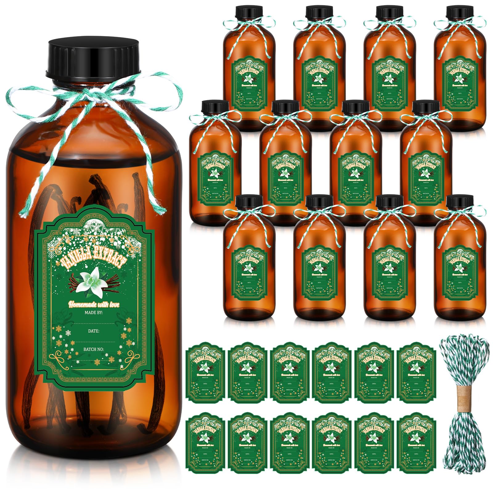 Uiifan Paquete de 12 botellas de vidrio ámbar Boston, botellas redondas de muestra con tapas, botellas de vidrio oscuro, botellas de extracto de vainilla y 12 calcomanías de copos de nieve verdes de