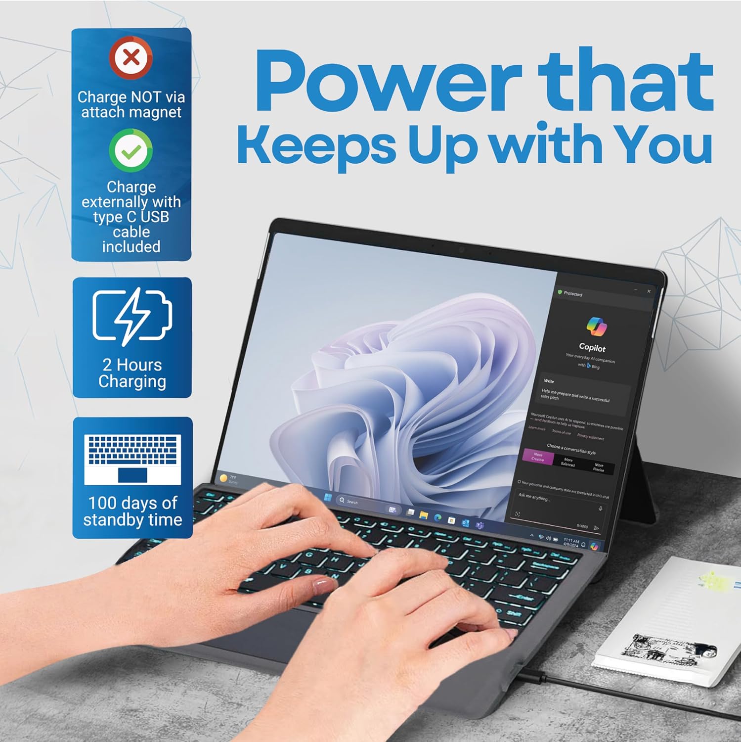 Bluetooth Keyboard Replacement Type Cover Trackpad Mouse For Microsoft Surface Pro 11 Pro 10 Pro 9 Pro 8 Pro X MS Wireless Keyboard With Touchpad + Pencil Holder + 7-Color Backlit, Magnetic, Slim Case