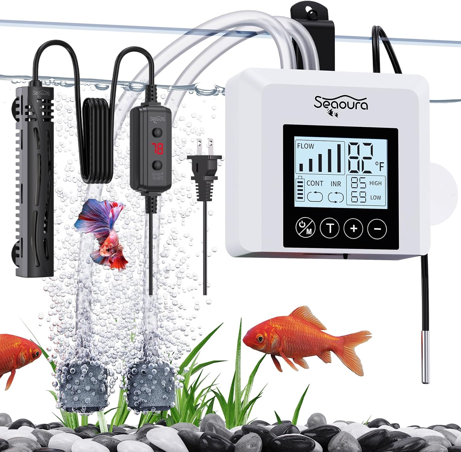 SEAOURA Small Aquarium Heater, 50 Watt Fish Tank Heater for and USB Rechargeable Portable Aerator Aquarium Air Pump, 2.5W Battery Powered Fish Tank Bubbler