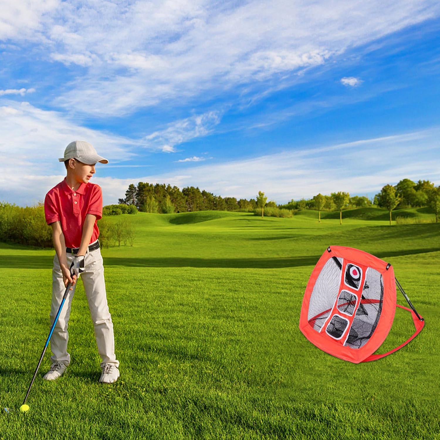 Golf Practice Net and Mat Set with Nylon Net, Portable Hitting Pad, 3 TPU Tees, and 6 Yellow Pu Balls for Indoor and Outdoor Golf Training