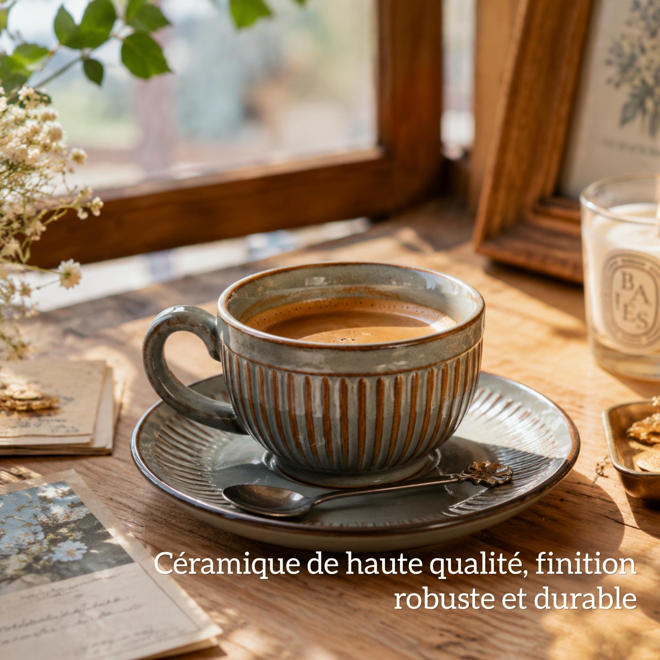 6 Tasses à Café Expresso avec Soucoupes-Tasses 100ml avec Anse - Motif Rayé - Couleurs Uniques de Kiln, Parois Épaisses, Coffret Luxe,Conserve la Chaleur, Idéale pour Café & Thé - Gris