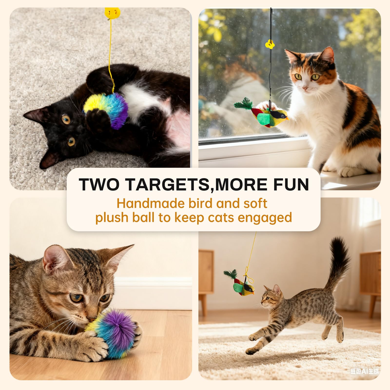 Interaktives Katzenspielzeug für Indoor-Katzen, lustiges Selbstspiel-Hängetürspielzeug für Kätzchen, 2 Stück, Türhänge-Vogelspielzeug mit quietschendem Geräusch für gelangweilte